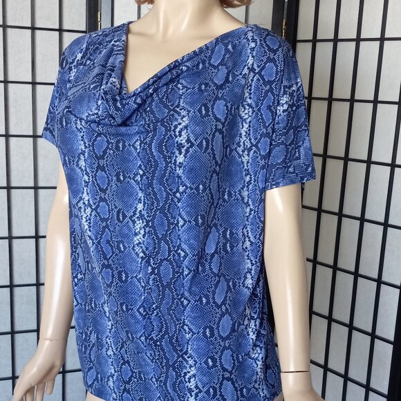 Glamorous Michael Michael Kors Blue Snakeskin Print Draped Neck Top Sz L - Picture 4 of 7